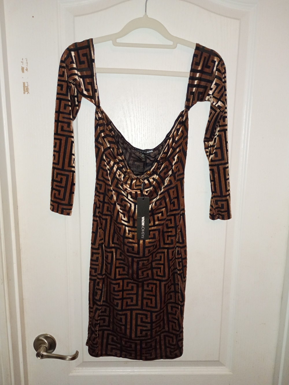 Fashion Nova Brown Geometric Velvet Long Sleeve Bodycon Dress